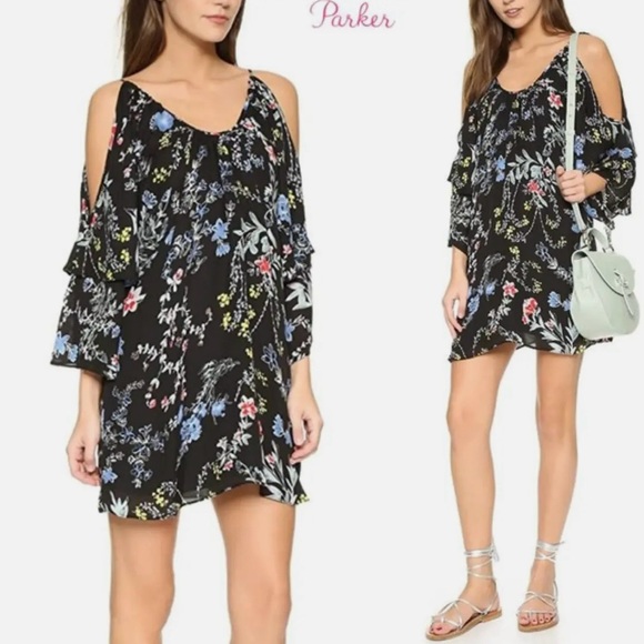 NWT Parker Black Blue Woodland Floral Printed Cold Shoulder Agave Mini Dress L - Picture 1 of 16